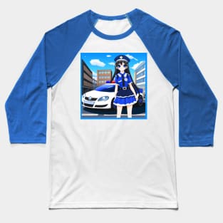 Anime Policewoman with Patrol Car Baseball T-Shirt